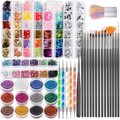 Picture of FANDAMEI Nail Art Brush, Nail Design Tools Kit with Nail Art Brushes, Nail Dotting Tools,Fine Glitter,Nail Butterfly, Nail Heart Sequins, Foil Flakes, Nail Art Rhinestones, Nail Art Decoration Kit.