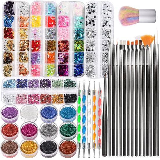 Picture of FANDAMEI Nail Art Brush, Nail Design Tools Kit with Nail Art Brushes, Nail Dotting Tools,Fine Glitter,Nail Butterfly, Nail Heart Sequins, Foil Flakes, Nail Art Rhinestones, Nail Art Decoration Kit.