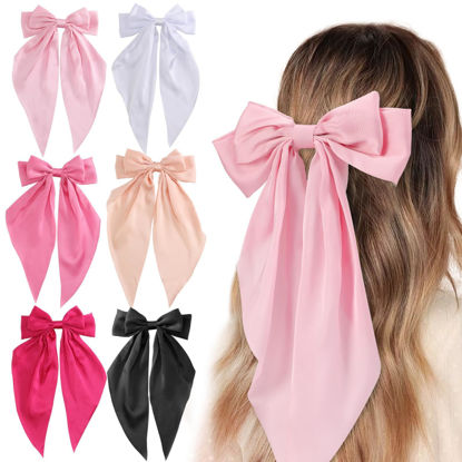 Picture of Unbednigt Hair Bows for Women, 6 PCS Silky Satin Hair Clips, Large Bow Hair Barrettes, Oversized Long Tail, Pink Color, Metal Bow Hair Clips, Aesthetic Hair Accessories