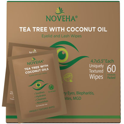 Picture of NOVEHA Tea Tree & Coconut Oil Eyelid & Lash Wipes | For Demodex, Blepharitis & Itchy Eyes, Box Of 60 Individually Wrapped Eyelash Wipes With Aloe Vera, Natural Makeup Remover & Daily Eye Cleanser