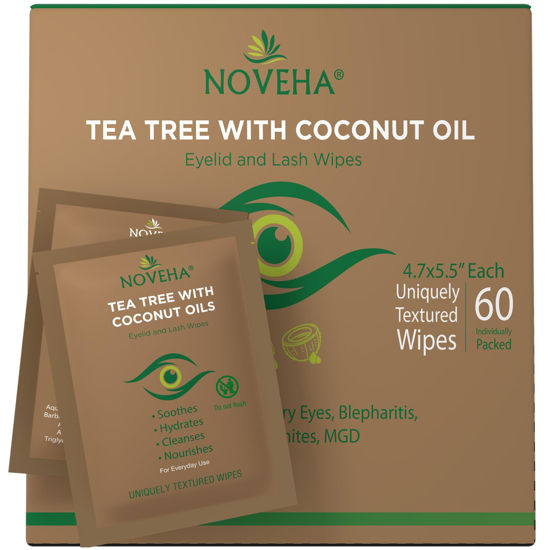Picture of NOVEHA Tea Tree & Coconut Oil Eyelid & Lash Wipes | For Demodex, Blepharitis & Itchy Eyes, Box Of 60 Individually Wrapped Eyelash Wipes With Aloe Vera, Natural Makeup Remover & Daily Eye Cleanser