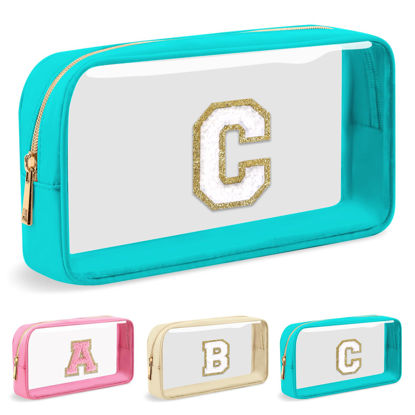 Picture of UIXIZQ Personalized Initial Letter Clear Makeup Bag,Preppy Small Nylon&PVC Cosmetic Zipper Bag with Chenille Letter,Travel Skincare Toiletry Bag,Monogram Christmas Gift for Teen Girls Women,C