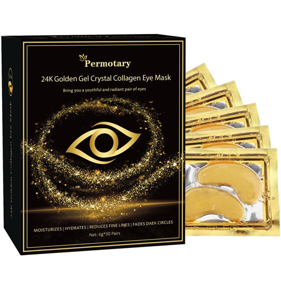 Picture of Permotary 30 Pairs 24K Gold Gel Crystal Collagen Eye Pads,Crystal Collagen Under Eye Mask for Moisturizing,Reducing Fine Lines&Dark Circles& Puffy Eyes Under Eye Patch for Women Men, Gold Boxed