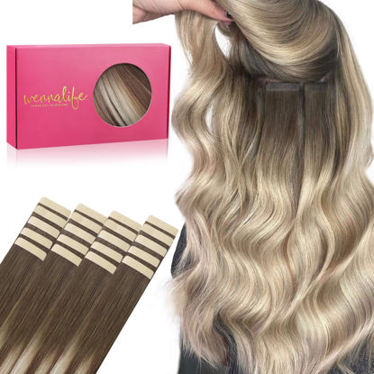 Picture of WENNALIFE Tape in Hair Extensions Human Hair, 20pcs 50g 14 inch Sandy Brown to Platinum Blonde Remy Hair Extensions Straight Human Hair Tape in Extensions Skin Weft Tape Extensions Human Hair
