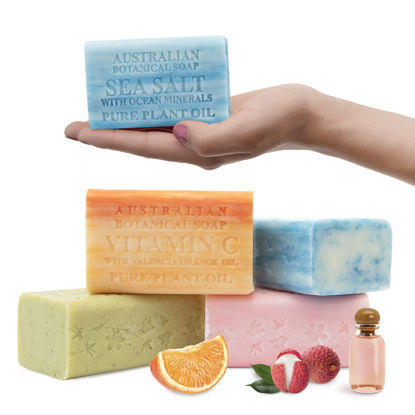 Picture of Australian Botanical Soap, Sea Salt, Lemongrass, Pink Lychee, Valencia Orange 6.6 OZ, Luxury Soap Bars Enriched with Shea Butter, Vegan Friendly Assorted Pack of 4