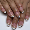 Picture of Almond Press on Nails Medium Pink Fake Nails with 3D Gold Stripes Designs White French Tips Fall Nails Press ons Winter False Nails Acrylic Glue on Nails Glossy Stick on Nails for Women 24 Pcs