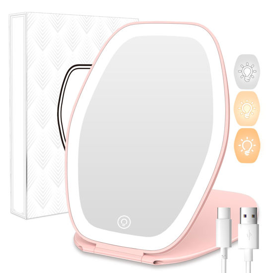 Picture of COSYGLOW Travel Makeup Mirror with Light: 3 Color Lighting Portable Mirror with Touch Screen Rechargeable Adjustable LED Lights Vanity Hexagon Mirror for Travel, Desk, Home (Pink, 1 Mirror)