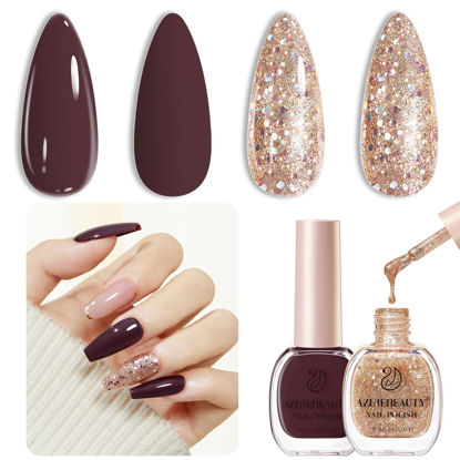 Picture of AZUREBEAUTY Brown Nail Polish Set 2 Colors Glitter Quick Dry Nail Polish Kits Fall Vegan Long Lasting French Tip Nail Polish Natural Manicure Diy Home Gift for Girls