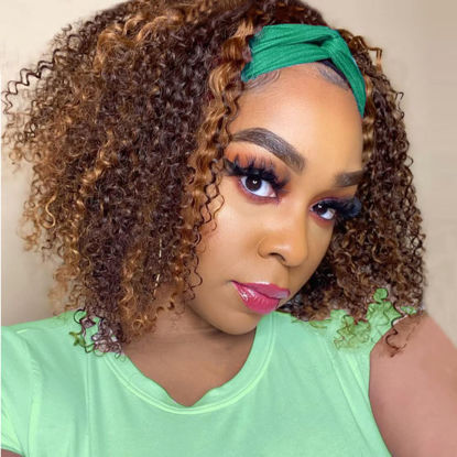 Picture of Celiarita Highlight Ombre Headband Wig Deep Wave Human Hair Wigs #4/27 Glueless 150% Density None Lace Front Machine Made Brazilian Virgin Deep Curly Human Hair Half Wigs for Black Women 12 Inch
