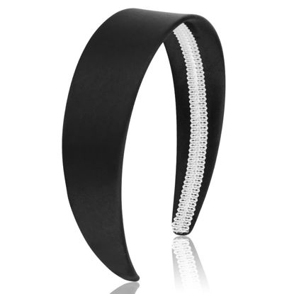 Picture of AHONEY Black Headband for Women Girls Satin Silk Headband Non Slip 1.57" Wide Plain Head Band Solid Hair Band DIY Halloween Costume Holiday Fasion Hair Accessories Gifts