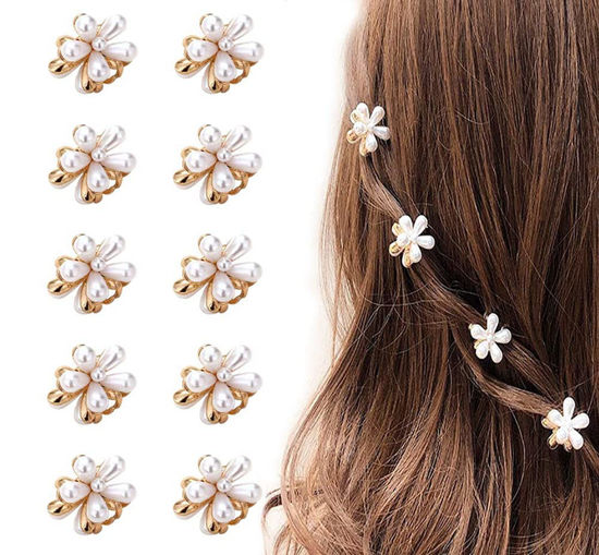 Picture of 10 Pcs Small Mini Pearl Claw Clips with Flower Design, Sweet Artificial Bangs Clips Decorative Hair Accessories for Women Girls