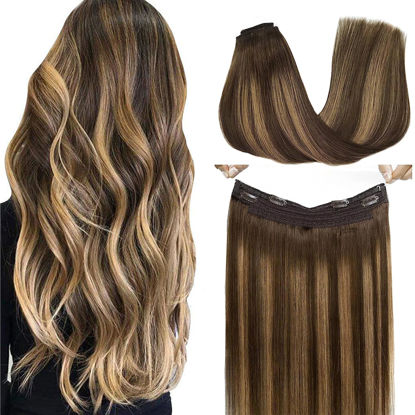 Picture of GOO GOO Wire Hair Extensions Human Hair, 4/27/4 Chocolate Brown with Caramel Blonde Balayage 22inch 115g, Invisible Wire Hair Extensions with Transparent, Seamless Fish Line Hairpiece