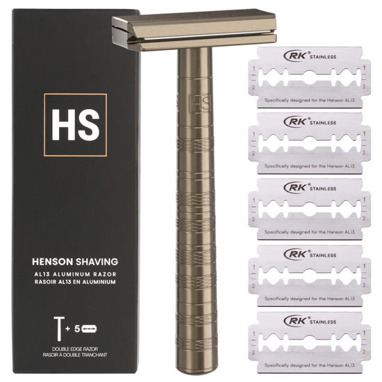 Picture of Henson Shaving Razor - Tan Double Edge Safety Razor with 5 Spare Blades - 30° Angled Precision With Superior Blade Rigidity- Reusable Single Blade Razors For Men and Women
