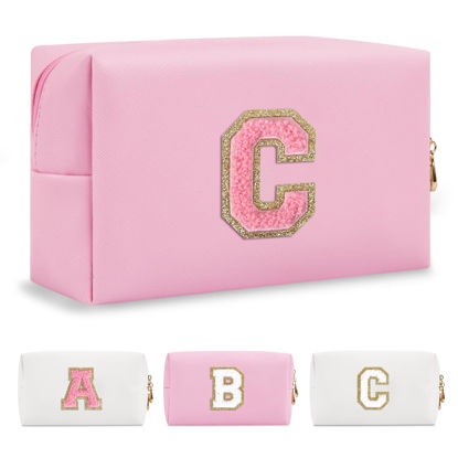 Picture of Personalized Initial A-Z Preppy Patch Makeup Bag,Small PU Leather Chenille Letter Cosmetic Bag with Zipper for Teen Girls,Pink Cute Travel Toiletry Bag,Birthday Monogrammed Gift for Daughter,Letter C