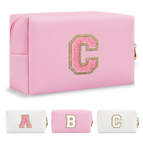 Picture of Personalized Initial A-Z Preppy Patch Makeup Bag,Small PU Leather Chenille Letter Cosmetic Bag with Zipper for Teen Girls,Pink Cute Travel Toiletry Bag,Birthday Monogrammed Gift for Daughter,Letter C