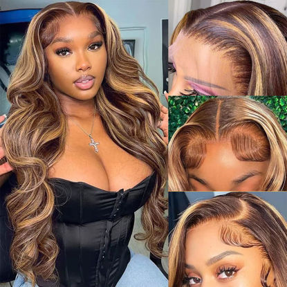 Picture of Pizazz Highlight 13x4 HD Transparent Lace Front Wigs Human Hair with Baby Hair 180 Density Glueless Wigs Human Hair Pre Plucked 4/27 Colored Honey Blonde Body Wave Frontal Wigs Human Hair 26 Inch