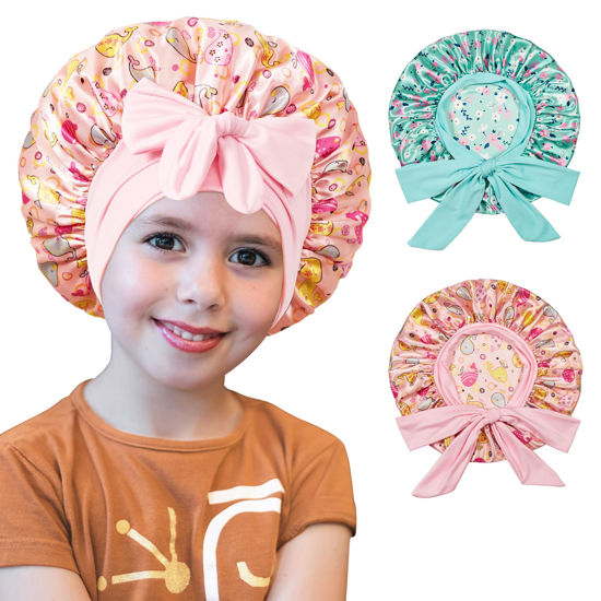 Picture of choshion 2 PCS Kids Bonnets for Girls, Silk Bonnet for Kids, Bonnet for Kids, Satin Bonnet for Sleeping, Baby Toddler Tie Bonnet Sleep Cap Bonnet for Curly Hair Braids