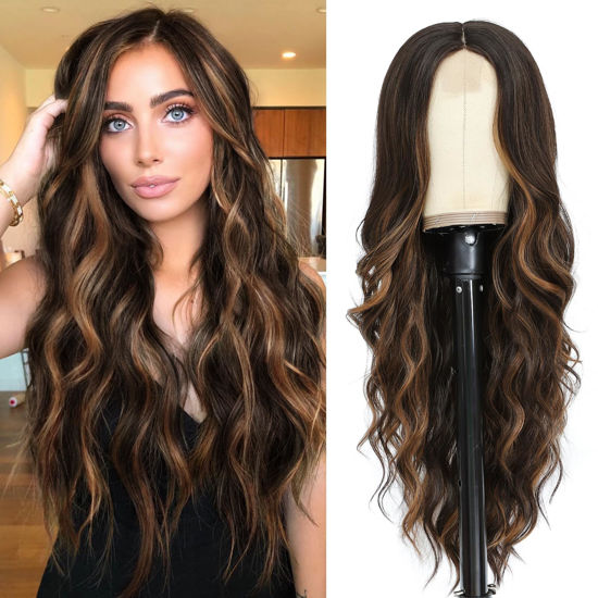 Picture of NAYOO 26 Inch Long Curly Middle Part Synthetic Heat Resistant Fiber Wig for Women - Daily Use Party Wig in Dark Brown