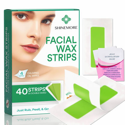 Picture of ShineMore Facial Wax Strips for hair removal - Hypoallergenic for All Skin Types - - Gentle and Fast-Working for Face, Eyebrow, Upper Lip, and Chin (40 Women Wax Strips + 4 Calming Oil Wipes NATURE NATION Ingredients )