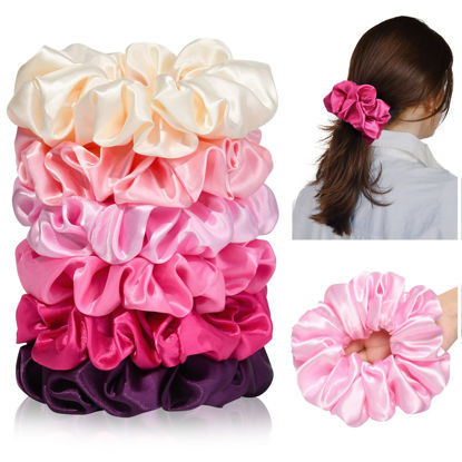 Picture of CEELGON Large Silk Satin Scrunchies for Women Big Scrunchies Jumbo Satin Hair Ties Oversized Hair Scrunchies for Thick Curly Hair Pack of 6 (Pink)