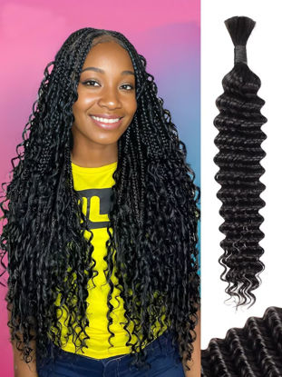 Picture of 1 Bundle 50g 16 Inch Human Braiding Hair Deep Water Wave Bulk Human Hair for Braiding No Weft 12A Brazilian Virgin Curly Human Hair Extensions for Boho Braids Wet and Wavy Human Hair Braiding Hair