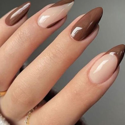 Picture of GLAMERMAID French Tip Nude Brown Press on Nails Medium Almond, Curve Glossy Jelly Soft Gel Glue on Nails Stiletto, Fake Nails Short Oval, Reusable Acrylic Stick on False Nails Kit for Women