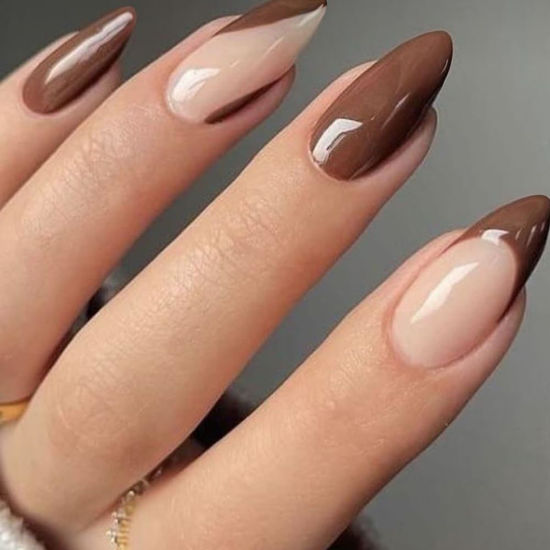 Picture of GLAMERMAID French Tip Nude Brown Press on Nails Medium Almond, Curve Glossy Jelly Soft Gel Glue on Nails Stiletto, Fake Nails Short Oval, Reusable Acrylic Stick on False Nails Kit for Women