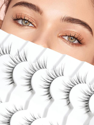 Picture of Wispy Eyelashes Cat Eye Lashes Natural Look Fox Eye Eyelashes Thin Band Strip Lashes 15MM False Eyelashes 3D Volume Fake Lashes Pack 7 Pair Siligli
