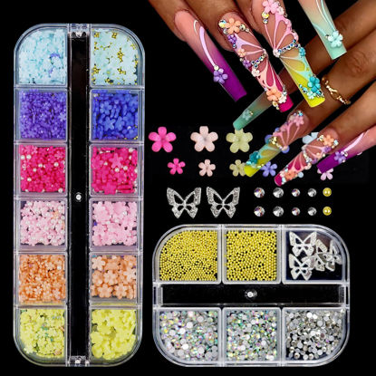 Picture of VOTACOS 3D Flowers Nail Charms 3D Pink Pastel Acrylic Flower for Nails Gold Caviar Beads Nail Decorations Mixed Rhinestones Kit Crystal AB Color Gems Nail Diamonds Rhinestones for Women Nail Jewelry