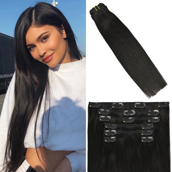 Picture of WindTouch Clip in Hair Extensions 115g Hair Extensions Real Human Hair Clip Ins Black Hair Extensions 7pcs 22inch Real Hair extensions Clip in Human Hair Straight Hair Extensions