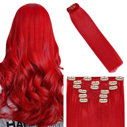 Picture of WindTouch Clip in Hair Extensions Real Human Hair 100g Hair Extensions Real Human Hair 7pcs 20 inch Bright Red Hair Extensions Thick Straight Red Clip in Hair Extensions