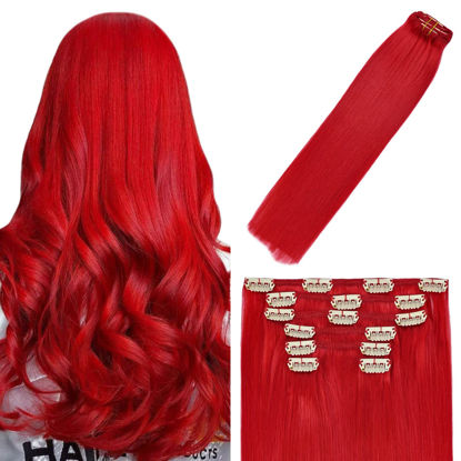 Picture of WindTouch Clip In Hair Extensions Red 70g For Women Natrual Real Human Remy Hair Extensions Basic Color Full Head (#Red 20Inch 7PCS)
