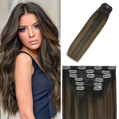 Picture of WindTouch Clip in Hair Extensions Real Human Hair Highlights Brown Hair Extensions 70g 22Inch #2T6P2 Balayage Dark Brown to Chestnut Brown 7PCS Real Human Hair Clip ins