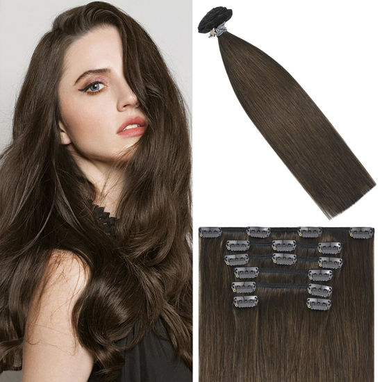 Picture of WindTouch Clip in Hair Extensions 100g Real Human Hair 7pcs 20inch Human Hair Clip in Extensions #4 Medium Brown Real Hair Extensions Clip in Human Hair