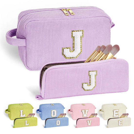 Picture of YOOLIFE Teen Girl Makeup Bag - Gifts for Women Teenage Girls Letter Make Up Bag Purple Travel Cosmetic Bag 8 9 10 11 12 Year Old Girl Birthday Gift Daughter Granddaughter Sister Gifts for Her Letter J