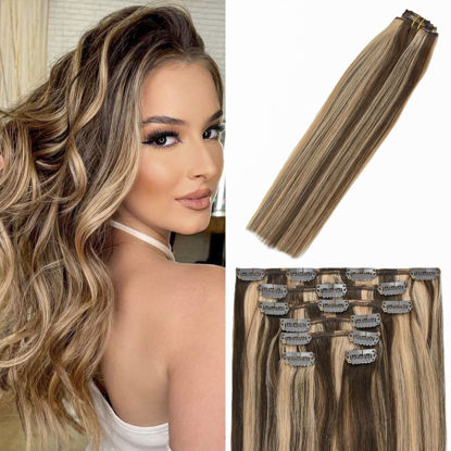 Picture of WindTouch Clip in Hair Extensions Human Hair #4p27 Balayage Chocolate Brown to Dark Blonde Highlights Blonde Hair Extensions 20Inch 70g 7PCS