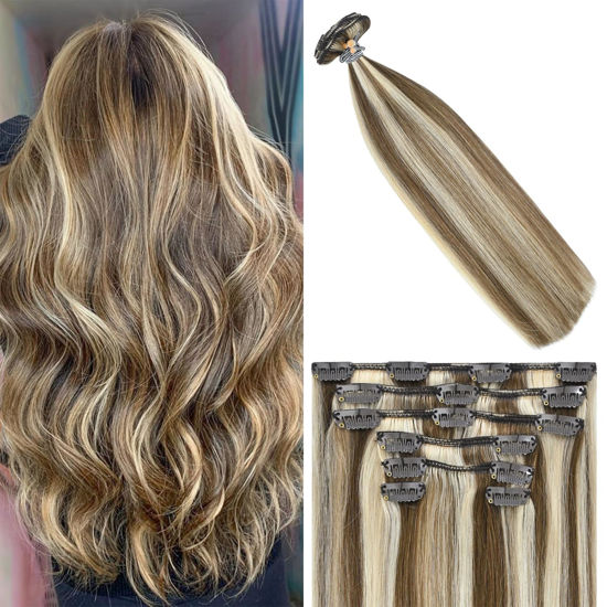 Picture of WindTouch Clip in Hair Extensions 100g Human Hair Clip in Extensions 7pcs 20 inch Real Hair Extensions Clip in Human Hair Highlights Light Medium Brown to Blonde Hair Extensions