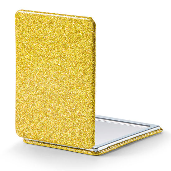 Picture of OMIRO Compact Mirror, Glitter PU Leather 1X/3X Magnification, Ultra Portable for Purses, 2.4" W x 3.4" L (Gold)