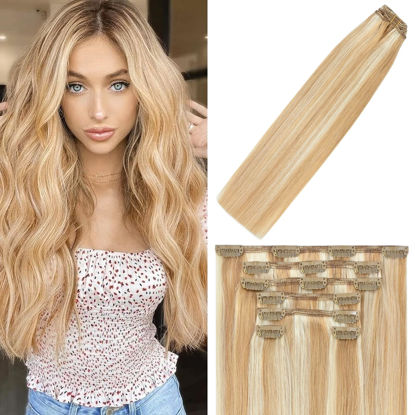 Picture of WindTouch Clip In Hair Extensions Human Hair Balayage Honey Blonde to Blonde 20Inch 70g #27p613 7PCS Remy Hair Extensions for women