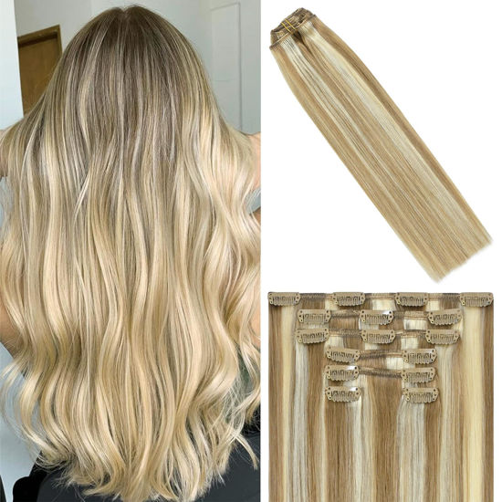 Picture of WindTouch Clip in Hair Extensions 100g Clip in Hair Extensions Real Human Hair Mixed Bleach Blonde Hair Extensions real hair extensions clip in human hair 7pc 20inch Thicher Hair Extensions