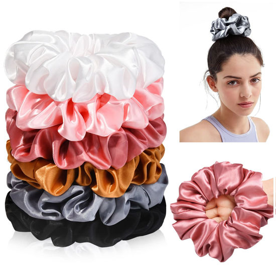 Picture of CEELGON Large Silk Satin Scrunchies for Women Big Scrunchies Jumbo Satin Hair Ties Oversized Hair Scrunchies for Thick Curly Hair Pack of 6 (Black,Pink,Dusty Blue,Gold,White)