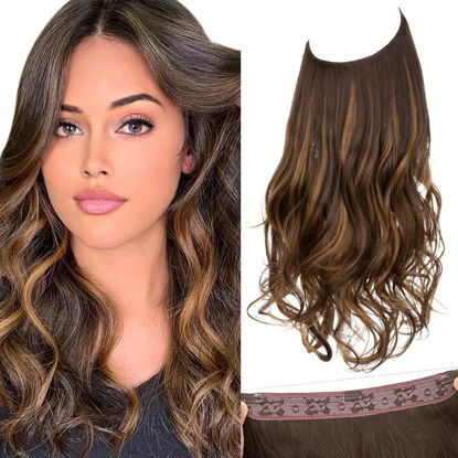 Picture of SARLA Invisible Wire Hair Extensions with 3 Clips Synthetic Wavy Curly Hairpiece Adjustable Transparent Headband for Women 16 Inch Dark Brown/Golden Blonde Highlights
