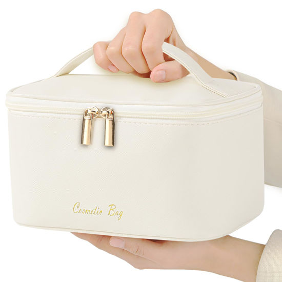 Picture of Meiyuuo Cute Makeup Bag Small Cosmetic Bags for Women Medium Pouch Toiletry Bag Waterproof Organizer(Light Beige)