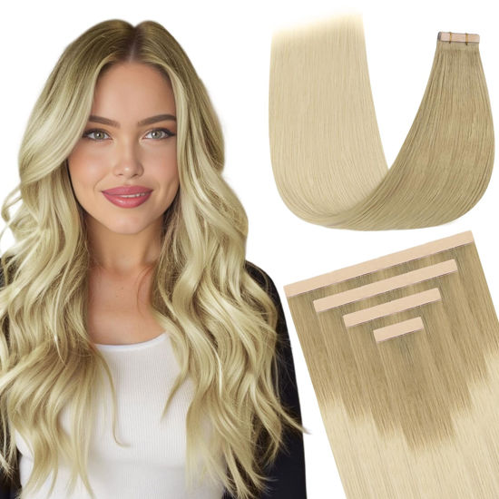 Picture of DOORES Hair Extensions Real Human Hair, Light Brown to Golden Platinum Blonde 10 Inch 20g 10pcs, Tape in Hair Extensions Human Hair Natural Seamless Hair Extensions