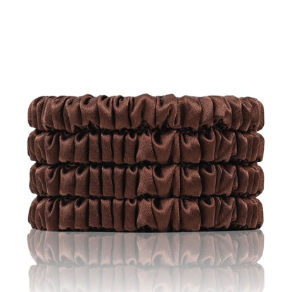 Picture of SEMRUE 100% Mulberry Silk Scrunchies, 4 PCS, 22 Momme, Brown - Protecting Hair from Damage, for Hair Sleep, Silk Hair Ties Elastics