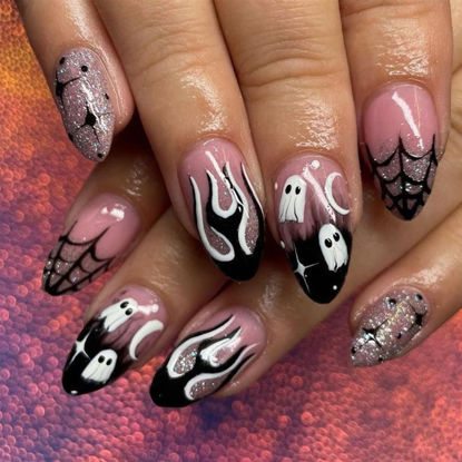 Picture of 24Pcs Halloween Press on Nails Almond Medium False Nails Glitter Flame French Tip Fake Nails with Ghost Designs Halloween Glue on Nails Spider Web Stick on Nails for Women Girls DIY Halloween Nails