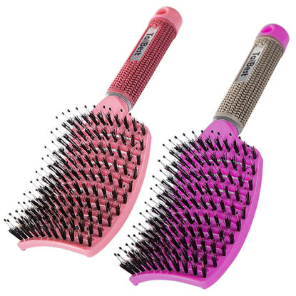 Picture of TaiBest Boar Bristle Hair Brush Set - Dry/Wet Hair Brush Detangler for Fine, Thick, Curly Hair - Curved and Vented Hair Brush for Women, Men or Kids (Rose Red & Apricot Pink)
