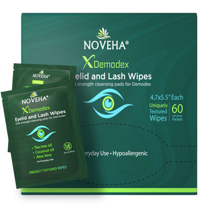 Picture of NOVEHA Demodex Eyelid & Lash Wipes | Box Of 60 Individually Wrapped Extra Strength Cleansing Eyelash Wipes - Battle Itchy & Irritated Eyes associated with Demodex Mites, Naturally Remove debris