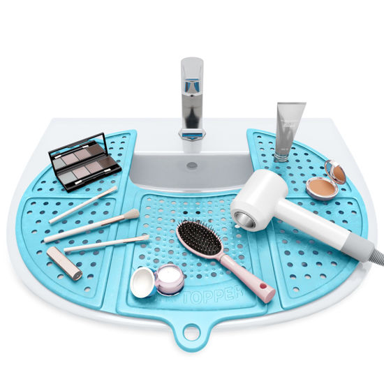 Picture of Sink Topper Foldable Sink Cover - Silicone Beauty Makeup Brush Cleaning Mat - Hot Tools Organizer - Bathroom Must Have Accessory for Extra Space & Storage Saver - Traveling - Standard, Pacific Blue