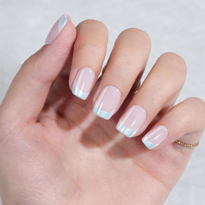 Picture of French Tip Press on Nails Short, Jofay Fashion Soft Gel Fake Nails, Classic Aurora French Nails, Reusable & Natural Acrylic False Nails, Stick on Nails for Women Girls Gift, Glue on Nails Kit 32 Pcs